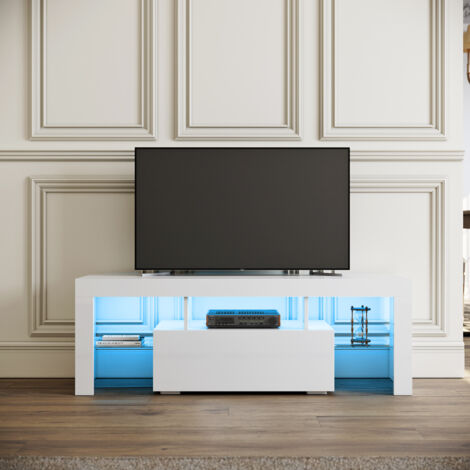 Meuble TV Bas  - Lumière LED Réglable avec Télécommande - Grande Capacité, SIRHONA - Blanc 130x35x45 cm