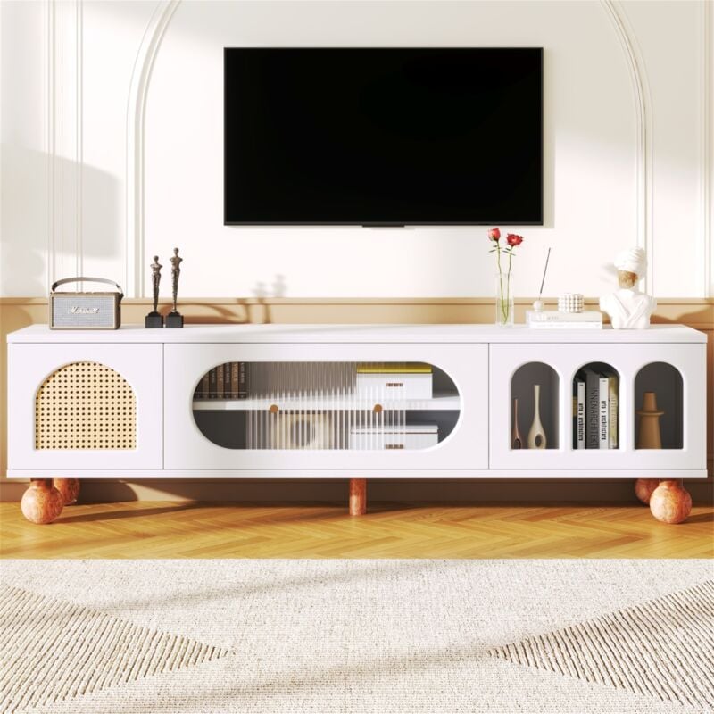 Meuble TV bas moderne 170 cm, avec porte en rotin, porte coulissante vitrée et trois arceaux ouverts, poignées dorées, pieds ronds en bois massif,