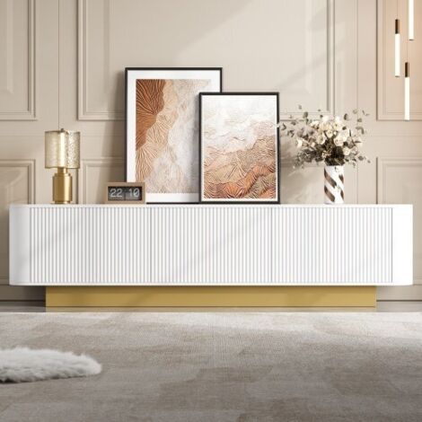 Meuble TV bas moderne, design arrondi, rangement, gestion câbles, façade texturée – salon