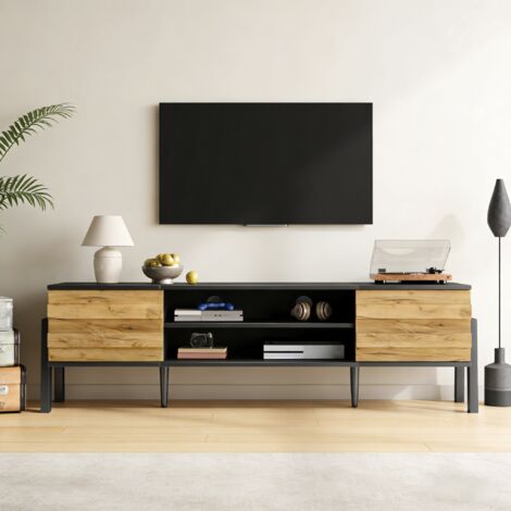 Meuble TV bas pour salon, 2 portes et étagères ouvertes, bois et noir, 175x39,5x53 cm