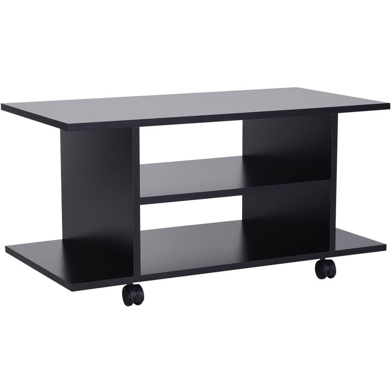 homcom - meuble tv bas table basse a roulettes en panneaux de particules noir - noir