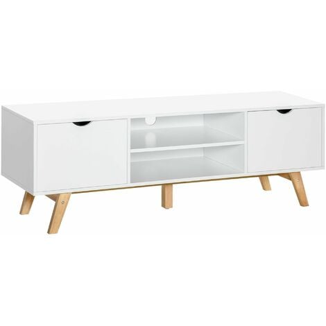Meuble TV bas sur pied style scandinave 2 portes 2 niches passe-fils panneaux particules MDF blanc bois massif hévéa