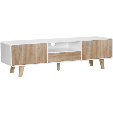 Meuble TV bas sur pied style scandinave 2 portes niche tiroir MDF blanc aspect chêne clair - Blanc