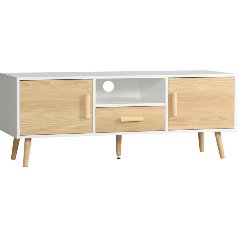 Meuble TV bas sur pied style scandinave 2 portes niche tiroir piètement effilé incliné bois panneaux blanc aspect bois clair