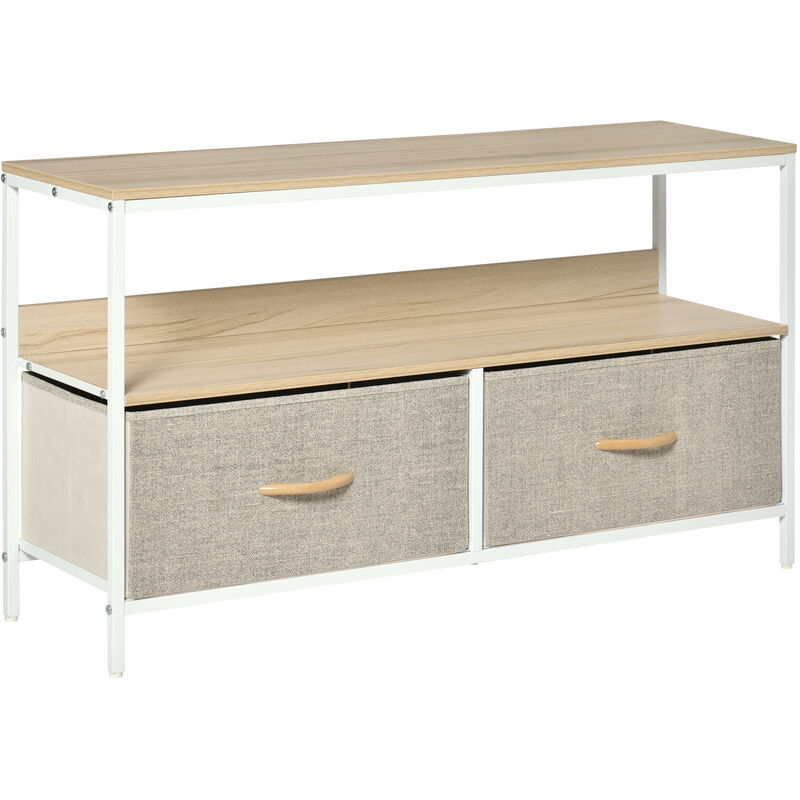 homcom - meuble tv bas sur pieds style industriel 2 tiroirs tissu gris acier mdf blanc bois clair - beige