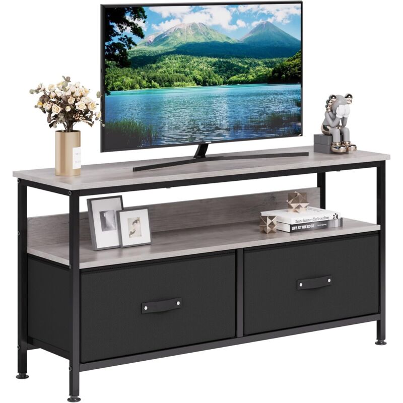 Hoerfuriy - Meuble tv bas sur pieds style industriel 2 tiroirs tissu MDF,100 x 30 x 57CM-gris