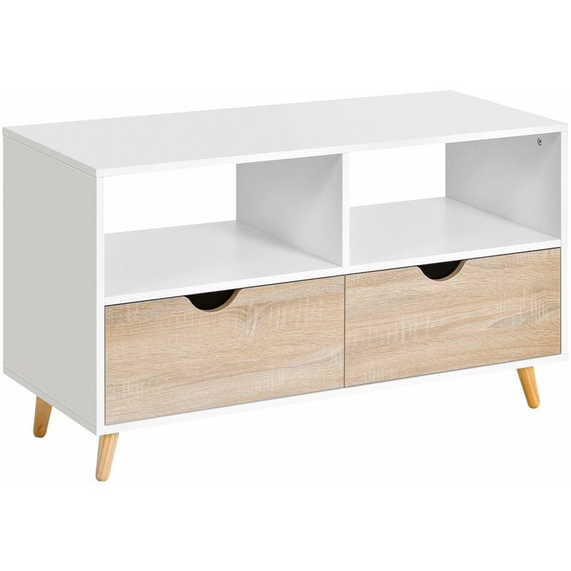 homcom - meuble tv bas sur pieds style scandinave 2 tiroirs coloris chêne clair blanc