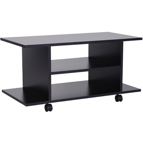 Meuble tv bas table basse a roulettes en panneaux de particules noir