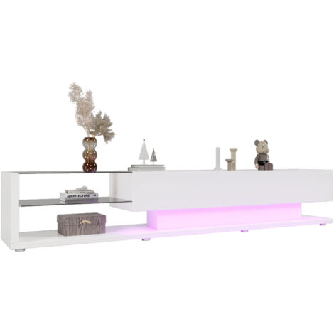 Meuble TV Bas, Verre Laqué Blanc, LED Variable, Style Rustique Et Moderne