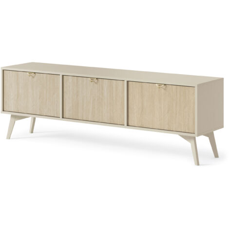 Meuble TV : Beige sable / Chevrons scandi, pieds Bois, 158 × 52 × 38cm