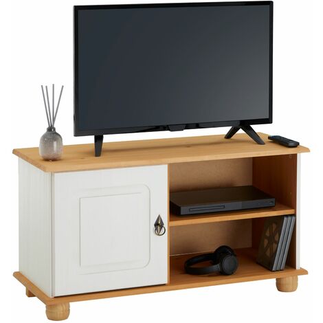 IDIMEX Meuble TV BELFORT banc télé de 94 cm en bois avec 1 porte et 2 niches, en pin massif lasuré blanc et brun