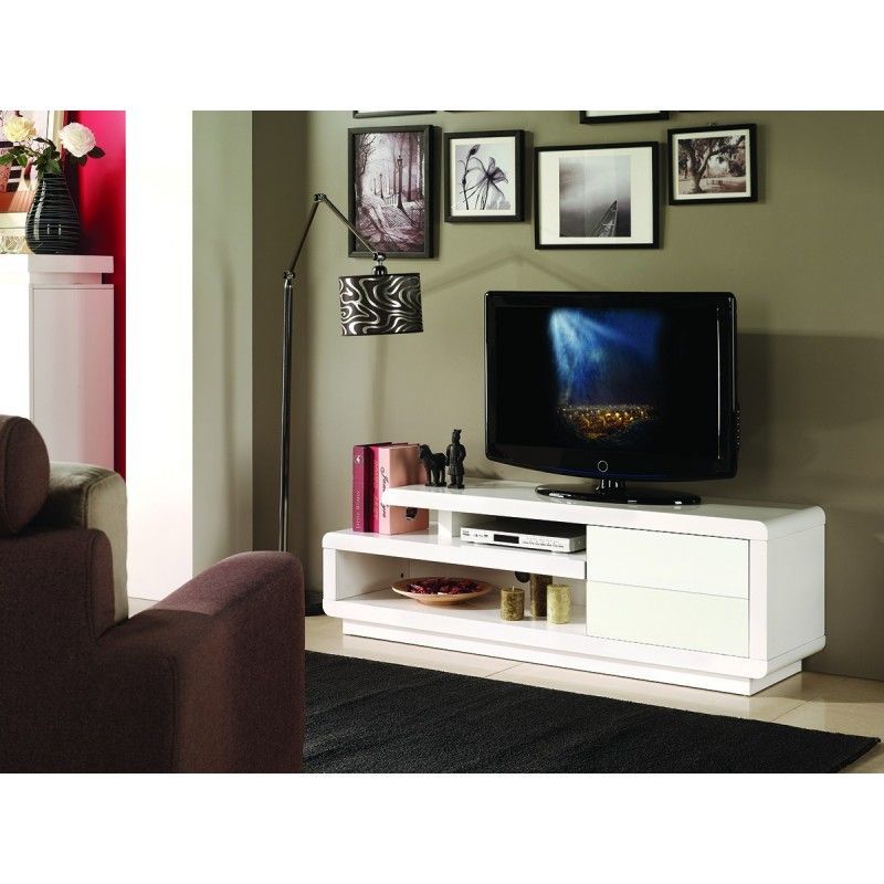 Price Factory - Meuble TV BINCHE 142 cm à 2 tiroirs et 2 niches coloris blanc. - Blanc