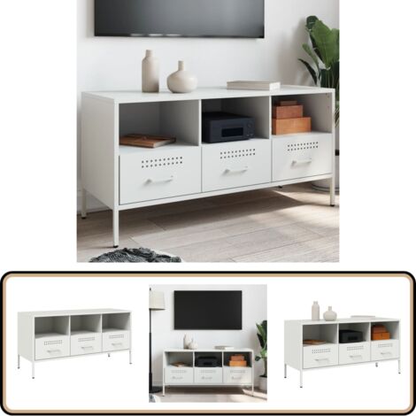 Meuble TV blanc 100,5x39x50,5 cm acier - Meubles Tv - Meuble Tv Industriel - Meuble Tv Blanc - Support Tv - Banc Tv