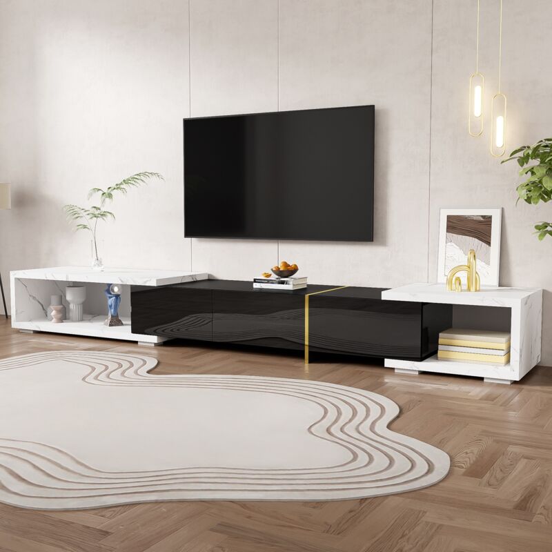 Tanant - Meuble tv Blanc 140cm avec fonction pivotante et longueur réglable, extérieur en marbre blanc, finition brillante, meuble tv scandinave