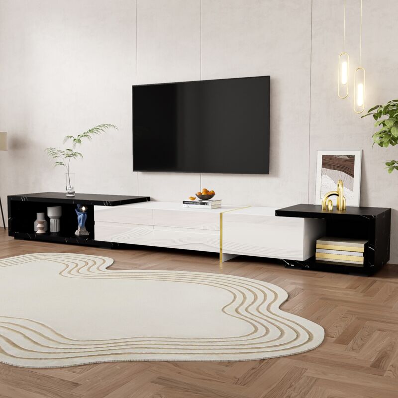 Tanant - Meuble tv Blanc 140cm avec fonction pivotante et longueur réglable, extérieur en marbre blanc, finition brillante, meuble tv scandinave