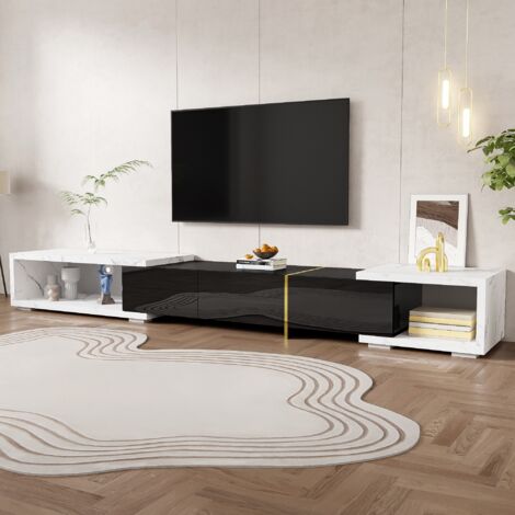 Meuble TV Blanc 140cm avec fonction pivotante et longueur réglable, extérieur en marbre blanc, finition brillante, meuble tv scandinave - Noir
