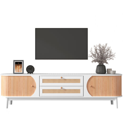 Meuble TV blanc 170  x 39.5 x 46 cm style campagne avec côtés en rotin - 2 portes et 2 tiroirs - MDF - blanc