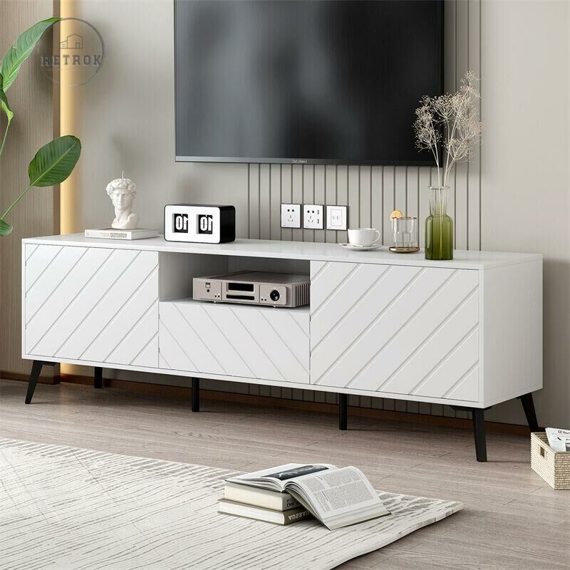 Retrok - Meuble tv blanc, 170x39.5x55cm, avec 2 portes et 1 tiroir, les pieds métalliques pour un support tv de 70 pouces