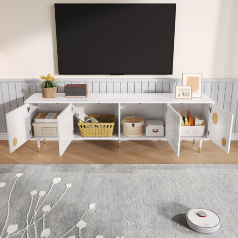 Meuble TV blanc 170x54x36 cm avec structure treillis et 4 portes - Poignées cachées, détails dorés et gestion de câbles - blanc