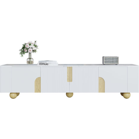 Meuble TV Blanc 180 Cm, 4 Portes, Design Élégant, Surface Effet Marbre, Pieds En Bois Sphériques