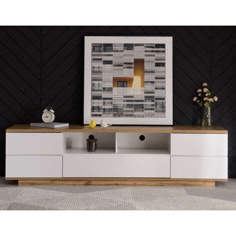 Meuble TV blanc 180 cm avec 3 portes, meuble bas salon chambre, finition effet bois, structure en MDF, design moderne