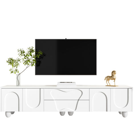 Meuble TV blanc 180 cm avec pieds en bois – Rangement TV élégant et minimaliste, design unique et espaces de rangement flexibles pour salon chic.