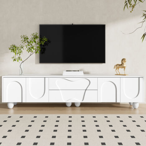 Meuble TV Blanc 180×40×42 cm, Buffet Télé Moderne avec 4 portes et 2 tiroirs - Pieds en Bois - Rangement Modulable - Style simple