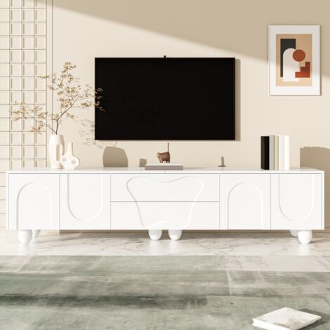 Meuble TV blanc 180cm à pieds bois design minimaliste offrant ample rangement et stockage flexible pour salon raffiné