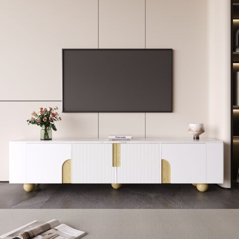 Meuble TV blanc 180x40x44 cm effet marbre 4 portes rangement pieds boules en bois design moderne