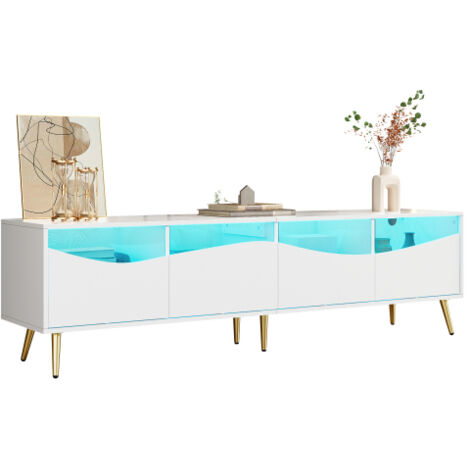 Meuble TV blanc 180x40x50cm LED pieds dorés portes verre design luxueux