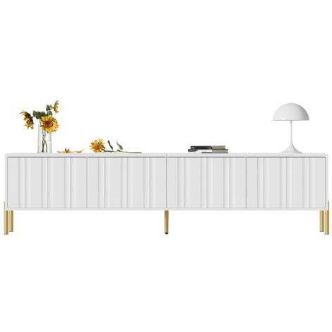 Meuble TV blanc 190x38x48 cm, portes rainurées, pieds dorés, design moderne et espace de rangement