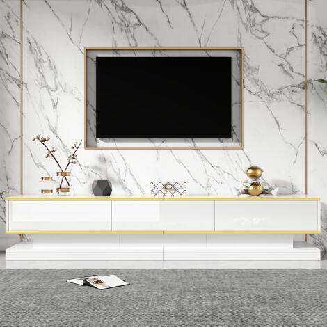 Meuble TV blanc 200 cm, avec 3 tiroirs, finition brillante, meuble TV indépendant, compatible avec les téléviseurs 75 pouces, design moderne, Blanc