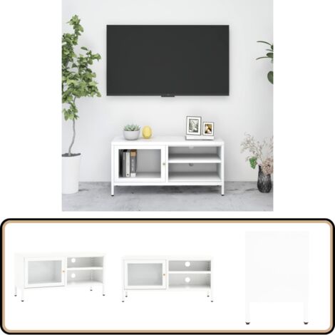 Meuble TV Blanc 90x30x44 cm Acier et verre - Meuble Tv - Meuble Téléviseur - Support Tv - Unit Tv - Meubles Salon