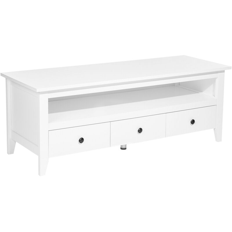 Beliani - Meuble tv au Style Traditionnel entièrement de Couleur Blanche avec 3 Tiroirs et grand Espace de Rangement Ouvert 50 cm de Hauteur