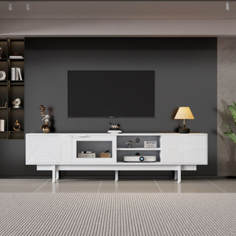Meuble TV blanc avec 2 portes et 2 tiroirs, 200 x 40 x 50,5 cm
