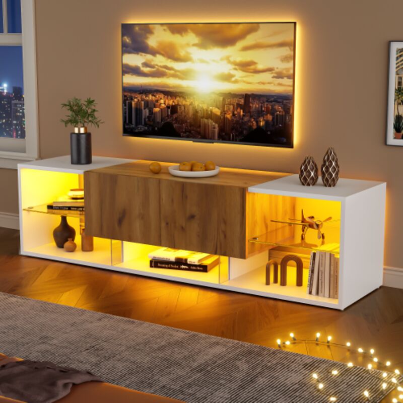 Meuble TV blanc avec 2 tiroirs, 2 étagères en verre, éclairage LED, pour salon, chambre
