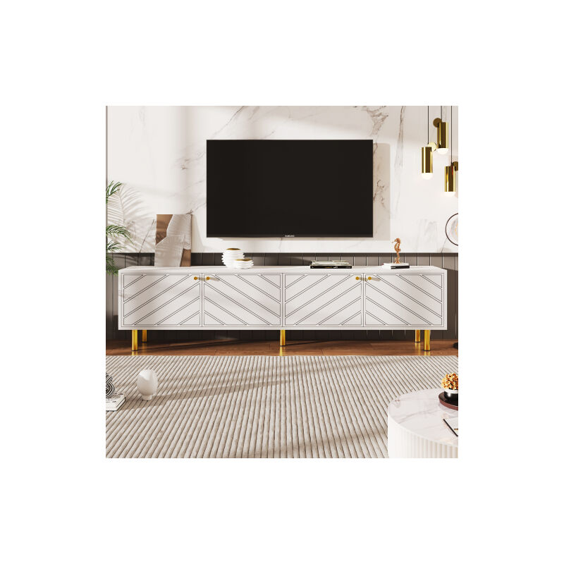 Meuble TV blanc avec poignées et pieds en métal doré, meubles TV à quatre portes pour différents styles d'intérieur