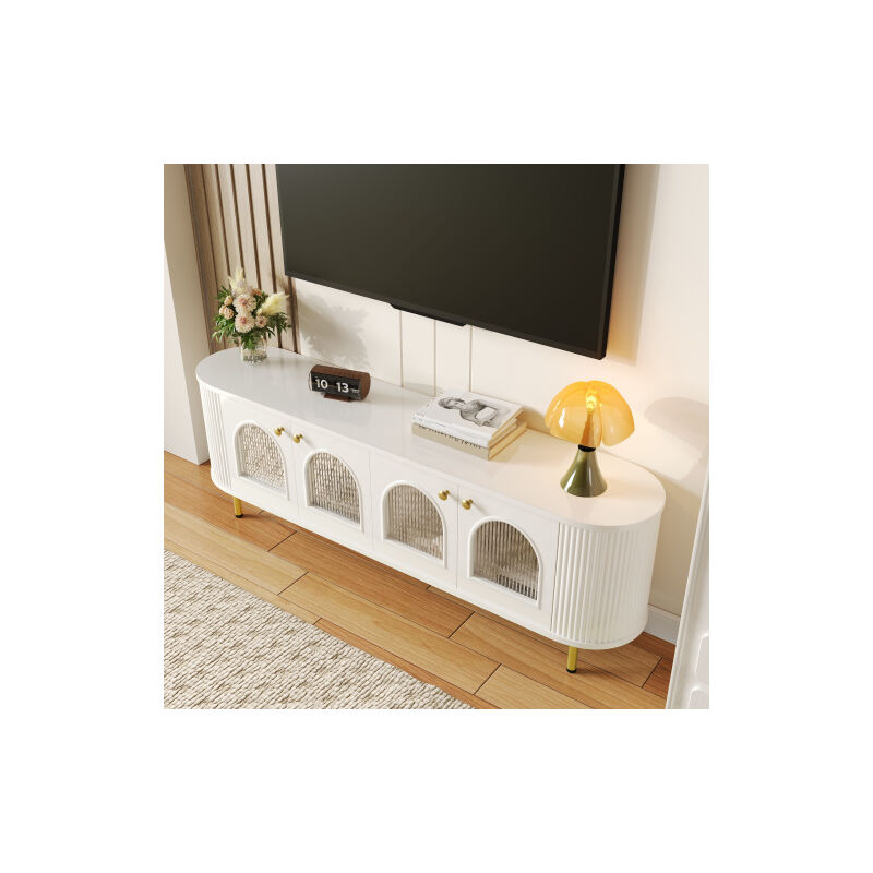 Meuble tv blanc avec portes en verre cintrées, finition grain vertical, poignées et pieds dorés