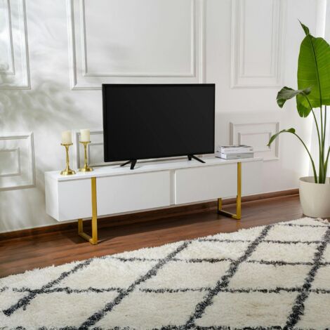 Meuble TV blanc avec rangement - effet laque, pieds dorés JENA