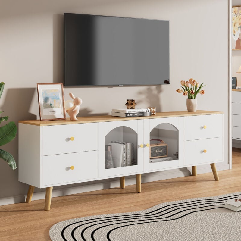 Meuble TV blanc avec tiroirs et 2 portes latérales en verre trempé, pour salle à manger, salon, entrée, 40x160x63.4 cm