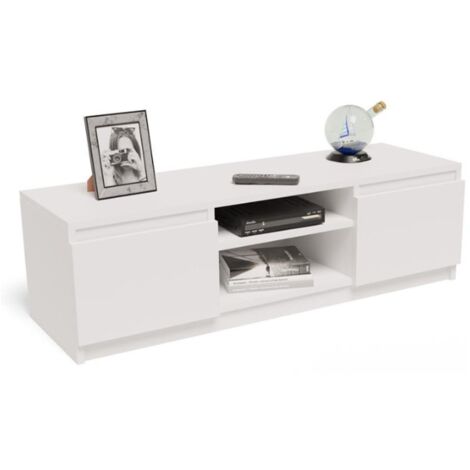 Meuble TV Blanc - Banc TV, Table TV avec 2 portes et 2 étagères - 120 x 40 x 36 cm
