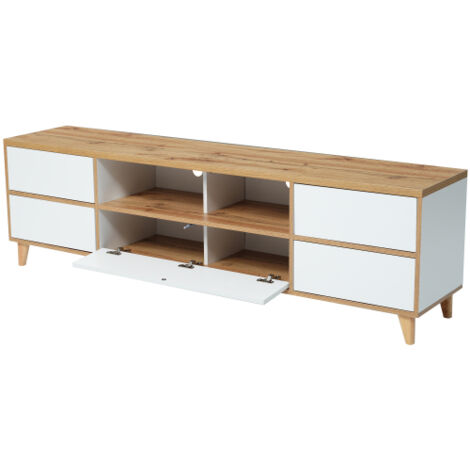 Meuble TV blanc bois étagères portes design rustique pour salon