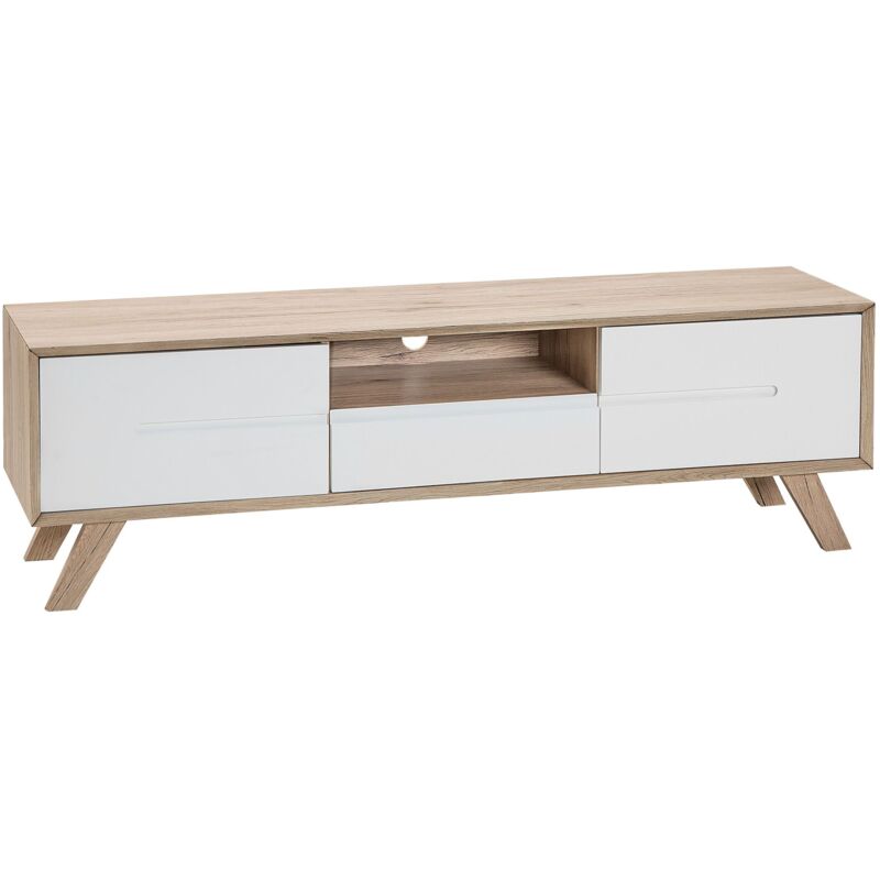 Meuble Tv en Imitation Bois Clair avec un Tiroir et 2 Portes Banches Mat Pieds en Bois de Pin 45 cm de Hauteur Beliani