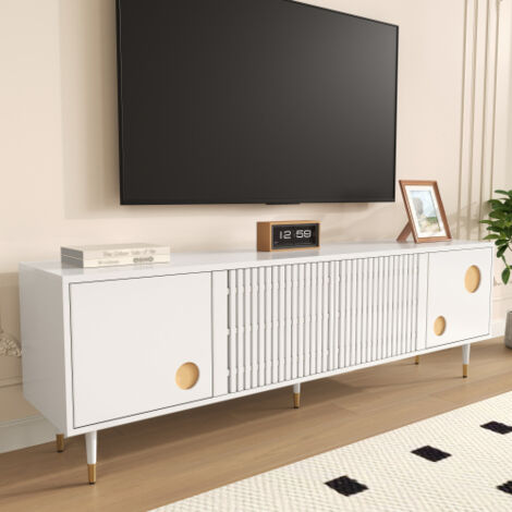 Meuble TV blanc bois massif avec 2 portes, portes à structure grillagée avec poignées cachées, décor doré, 170x36x54 cm