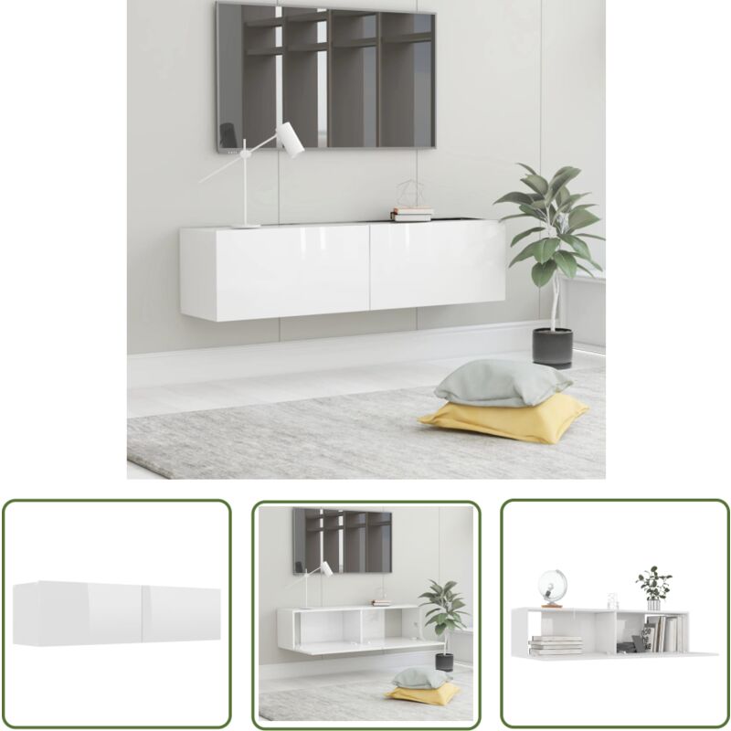 Kalisse - The Living Store Meuble tv Blanc brillant 120x30x30 cm Bois d'ingénierie - Meuble Tv Mural - Meuble Télé Blanc - Rangement Tv - Support Tv