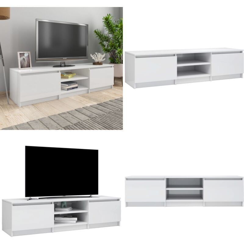 Meuble TV blanc brillant 140x40x35,5 cm bois d'ingénierie - Meuble Tv - Meuble Téléviseur - Unité Tv - Rangement Tv - Meubles Salon - Home & Living