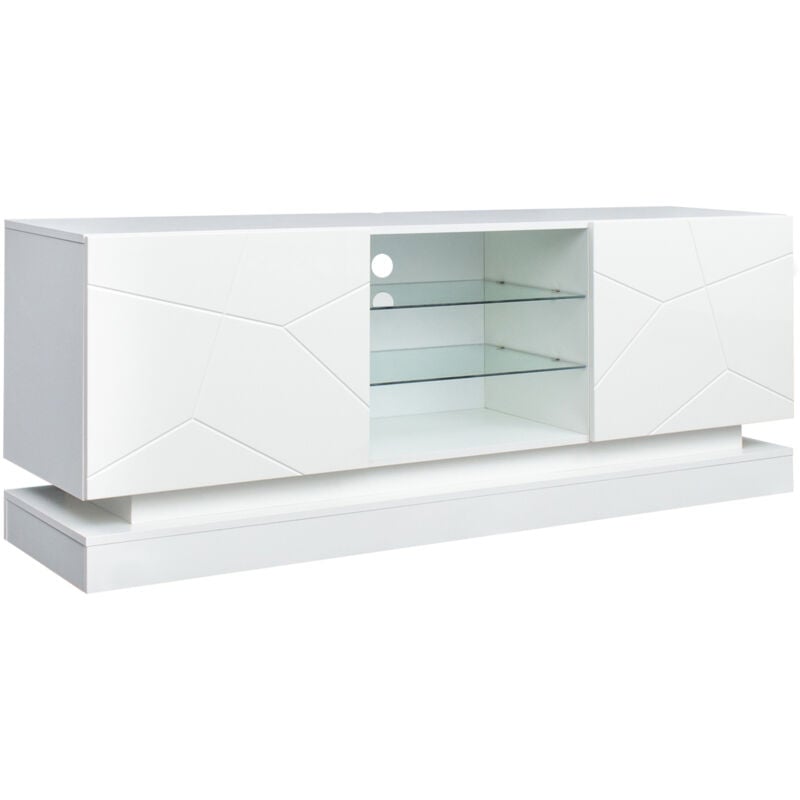 Meuble tv blanc brillant – 1,6 m de longueur, étagère en verre réglable, espace de 70 pouces, rangement élégant avec charnières silencieuses
