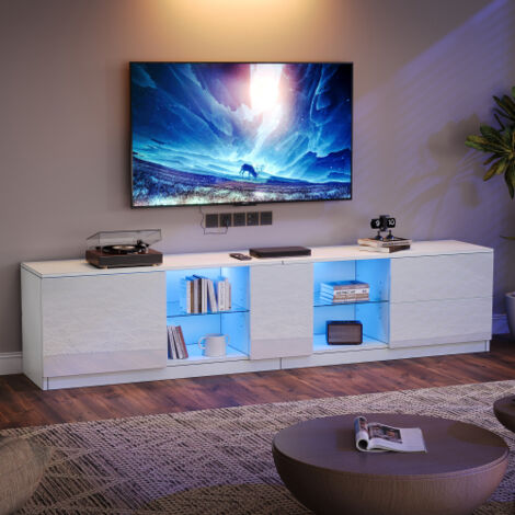 Meuble TV blanc brillant 160 cm, buffet basse avec éclairage LED, 160x40x52 cm