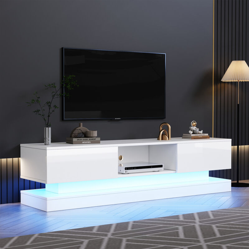 Meuble tv blanc brillant, buffet bas avec éclairage led et 2 tiroirs, pour téléviseurs 60 pouces, 160x35x40,5 cm