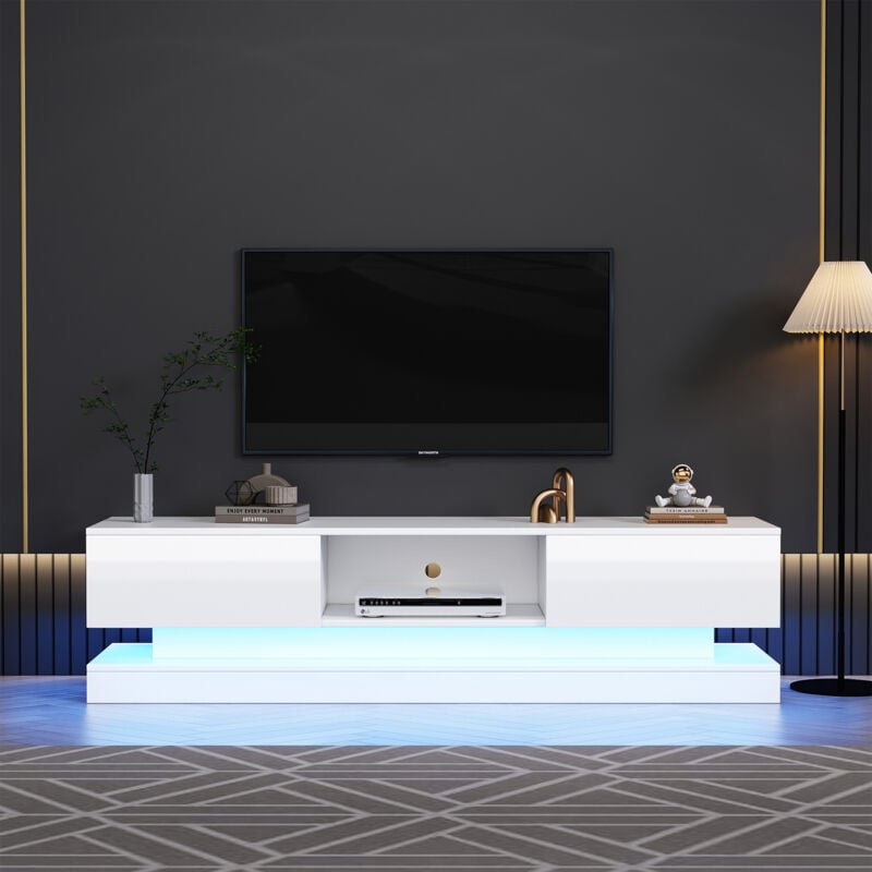 Redom - Meuble tv blanc brillant 160 x 35 x 40,5 cm avec éclairage led, 2 tiroirs, contrôle par application, conception anti-inclinaison, pour